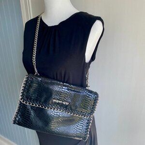 Michael Kors Black Snake Patent Leather Shoulder Bag, Clutch Silver Chain Trim